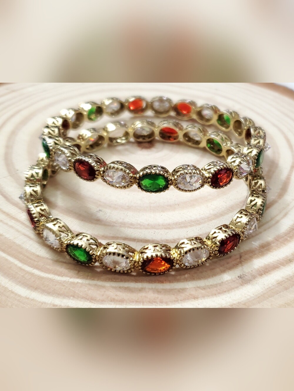 Vtg. Multicolors Stones Gold Plated Bangles Bracelet